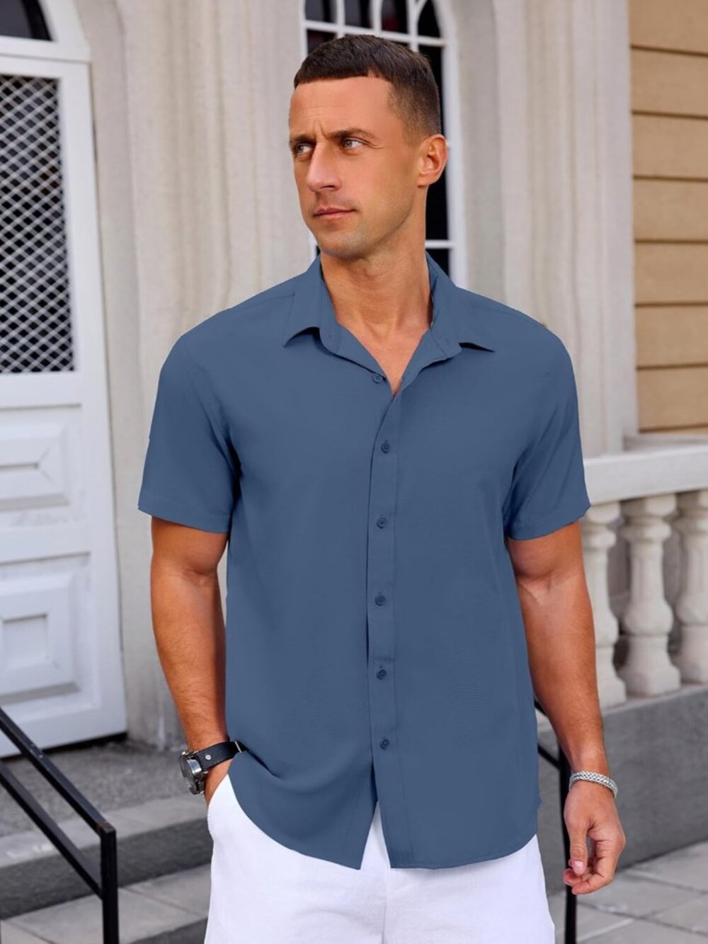 Men's Captain Blue Button Down Short Sleeve Summer Wedding Untucked Shirt - Picture 4 of 5